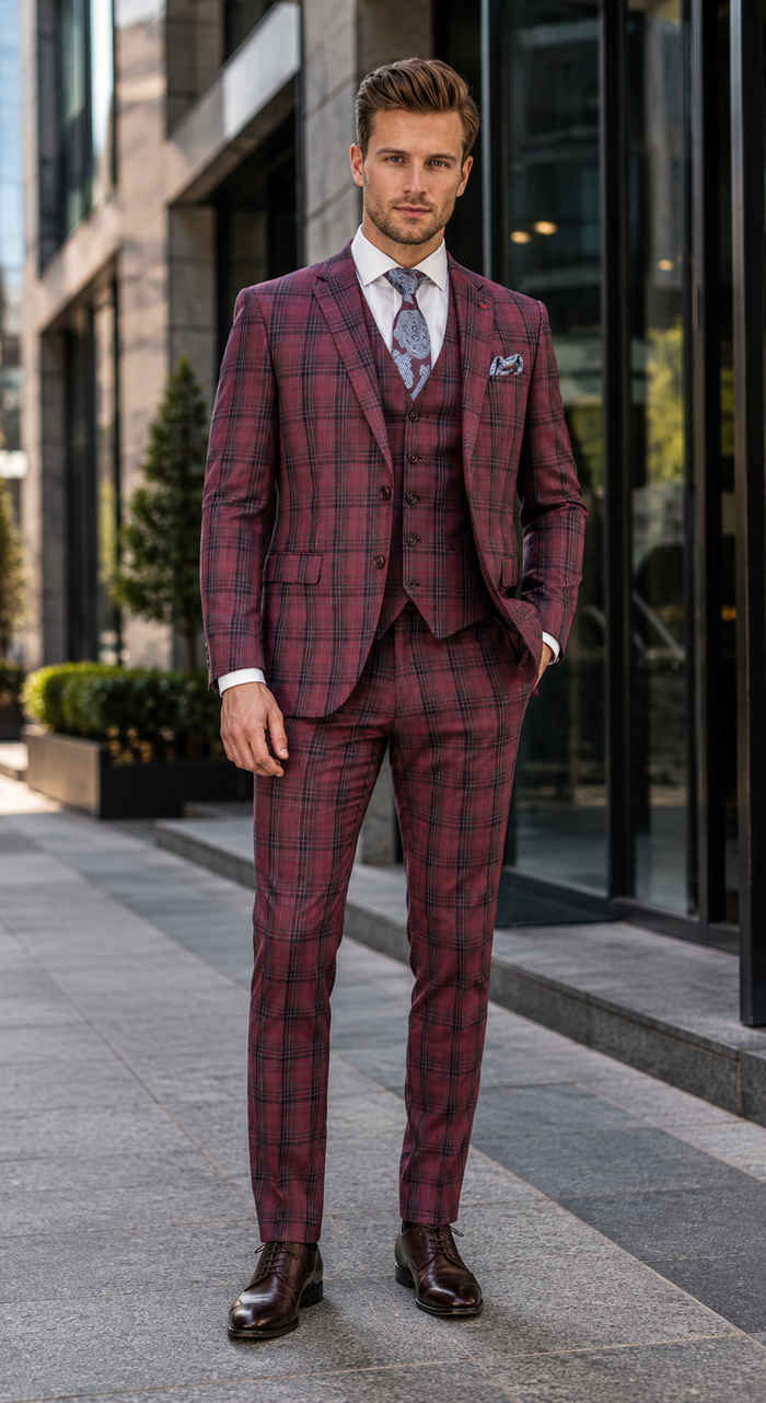 Red Burgundy Plaid 3-Piece Suit for Men