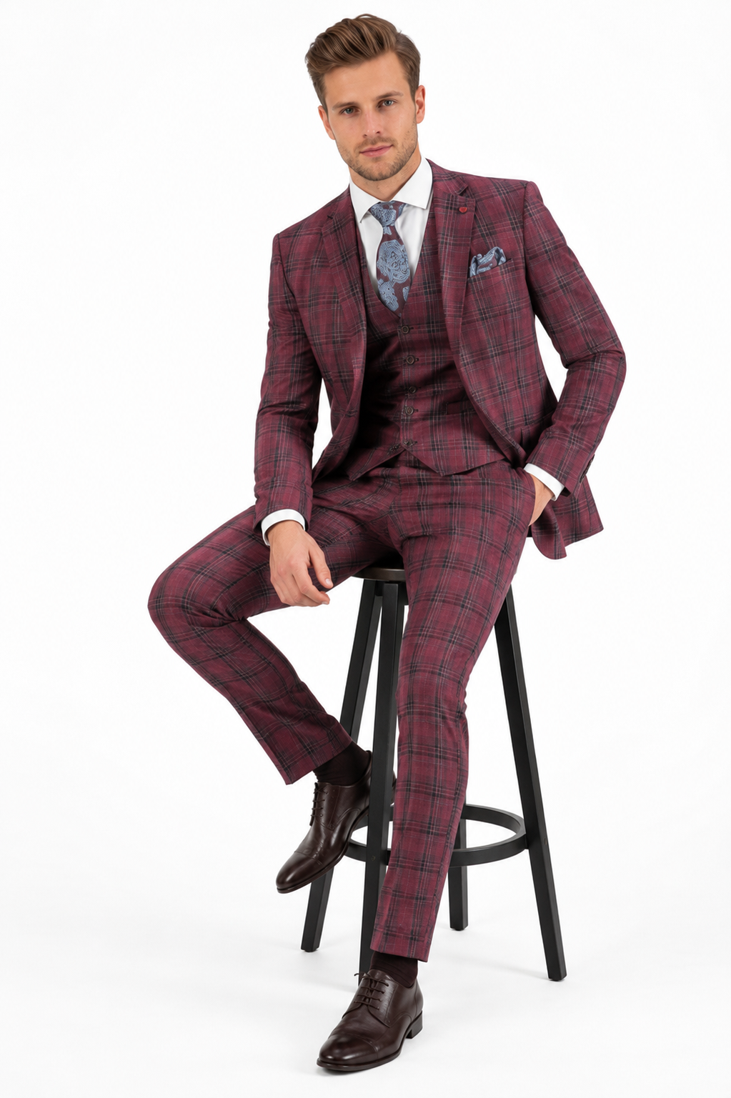 Red Burgundy Plaid 3-Piece Suit for Men