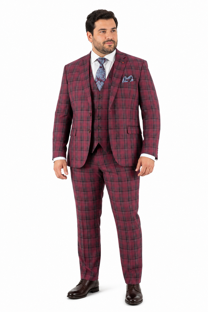 Red Burgundy Plaid 3-Piece Suit for Men