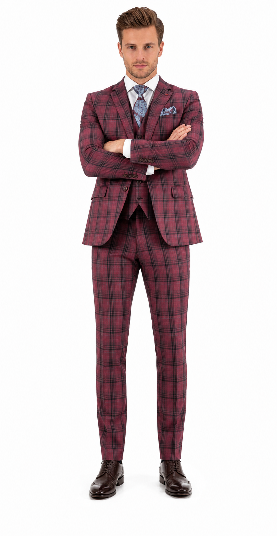 Red Burgundy Plaid 3-Piece Suit for Men