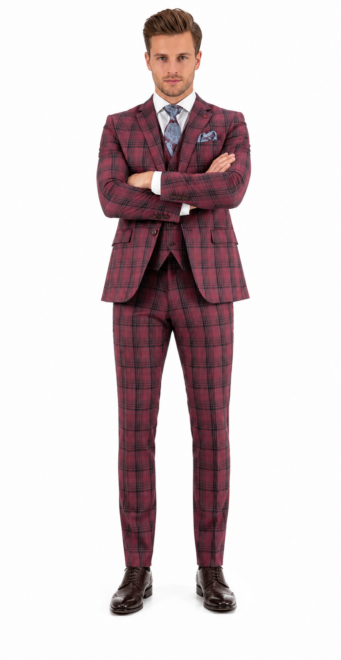 Red Burgundy Plaid 3-Piece Suit for Men