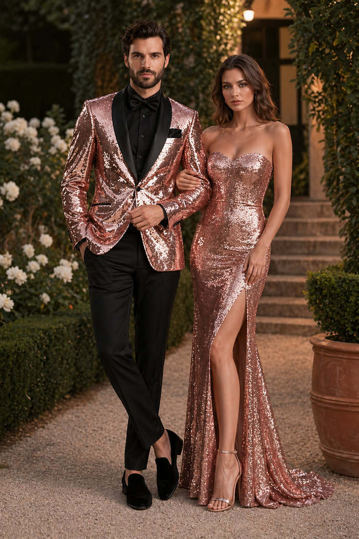 Rose Gold Metallic Sequin Stage Tuxedo Suit