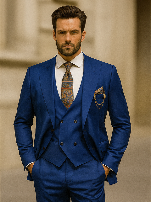 Men’s Royal Blue Suit with Paisley Accessories – Elegant Formalwear