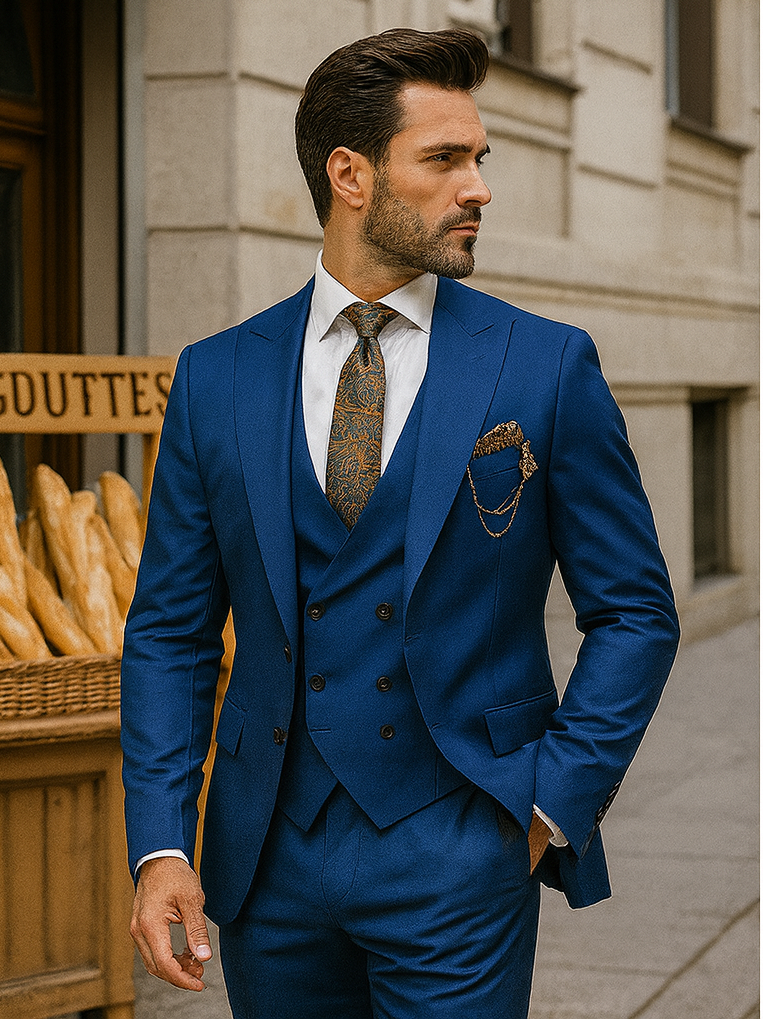 Men’s Royal Blue Suit with Paisley Accessories – Elegant Formalwear