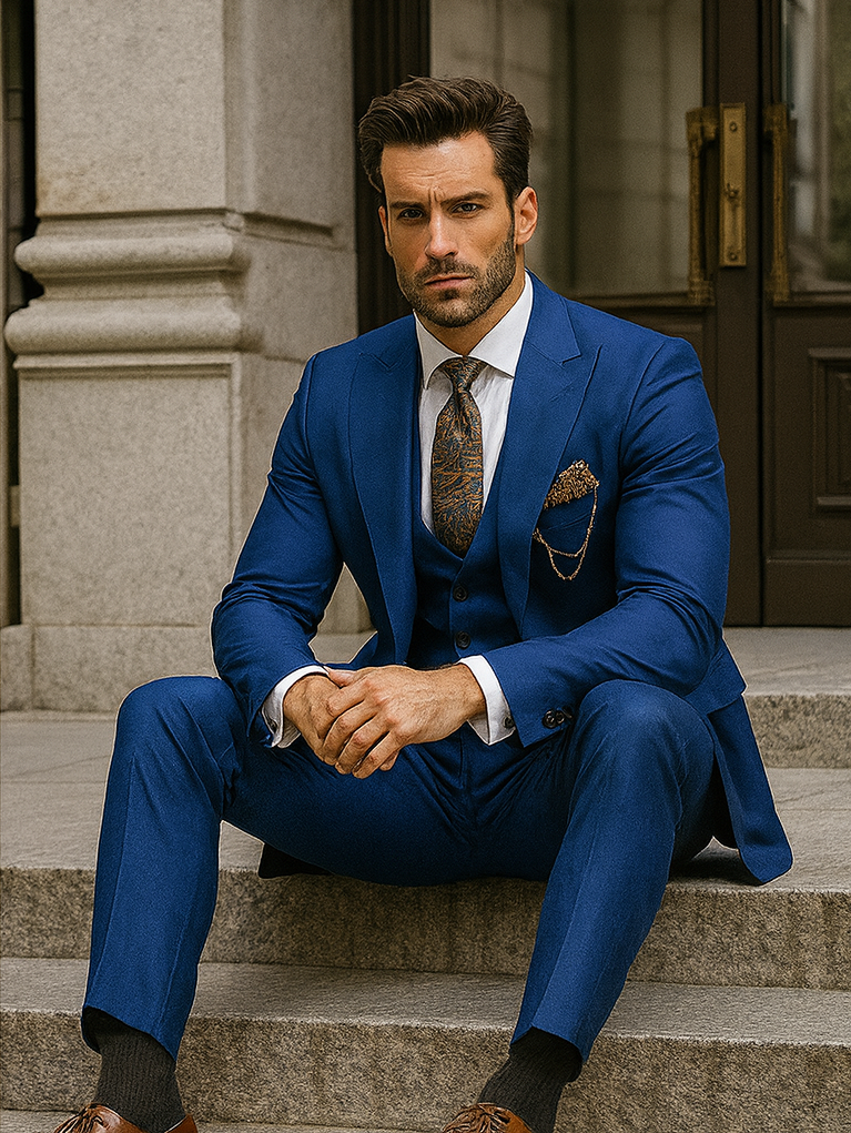 Men’s Royal Blue Suit with Paisley Accessories – Elegant Formalwear
