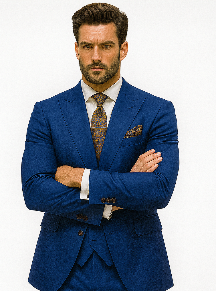 Men’s Royal Blue Suit with Paisley Accessories – Elegant Formalwear