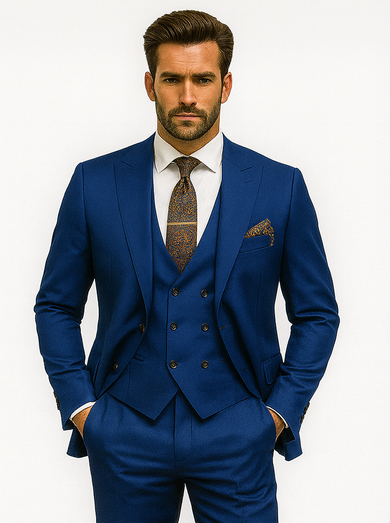 Men’s Royal Blue Suit with Paisley Accessories – Elegant Formalwear