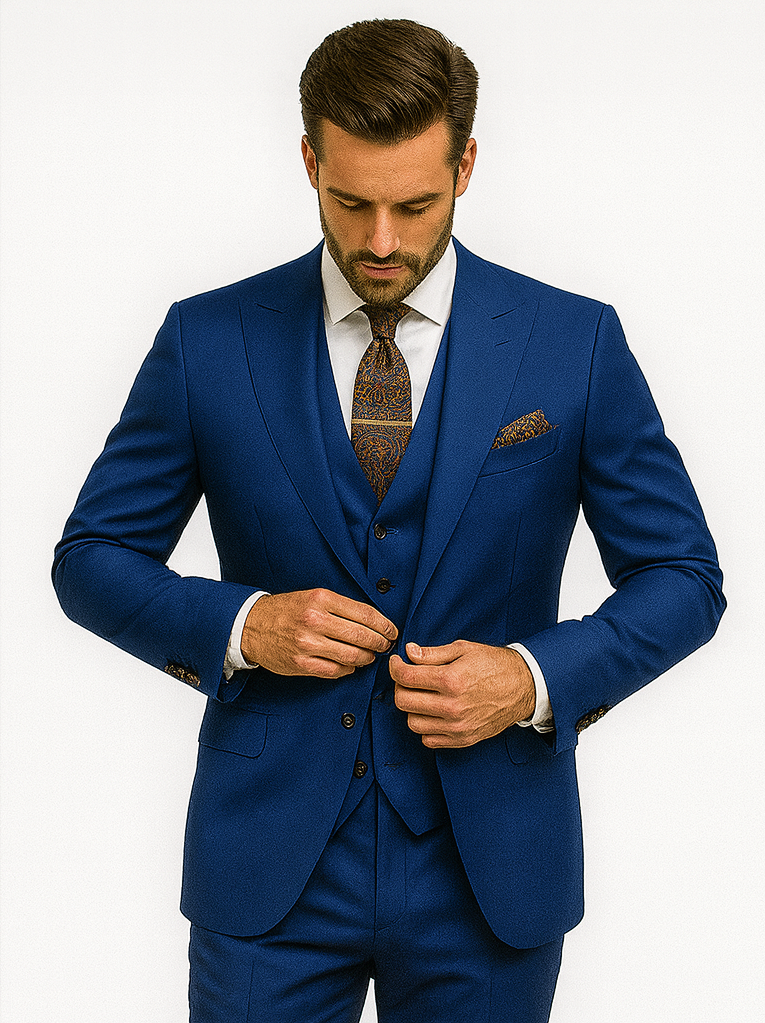 Men’s Royal Blue Suit with Paisley Accessories – Elegant Formalwear