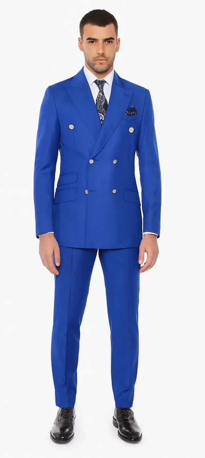 Mens Royal Blue Double Breasted Suit - 100% Suit