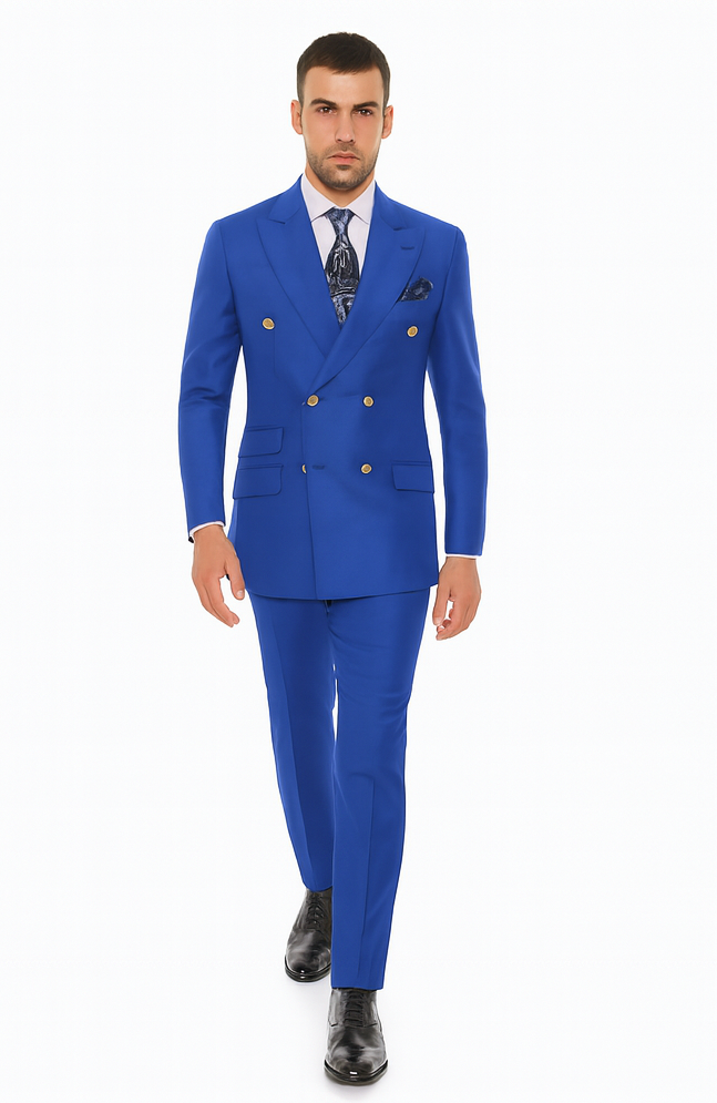 Mens Royal Blue Double Breasted Suit - 100% Suit