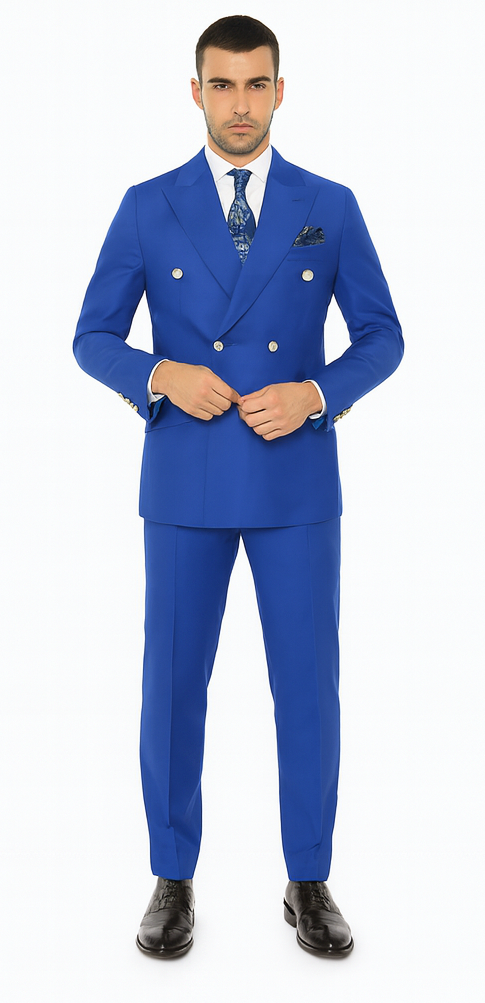 Mens Royal Blue Double Breasted Suit - 100% Suit