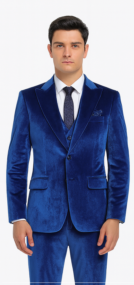 Royal Blue Velvet Peak Lapel Skinny Suit by Tazzio