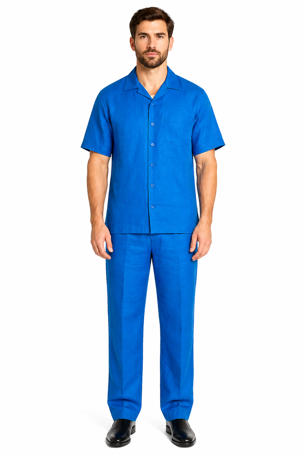 Men's Short Sleeve 2 Piece Casual Two Piece Mens Walking Outfit For Sale Pant Sets Set With Long Pants 100% Linen Royal Shirt