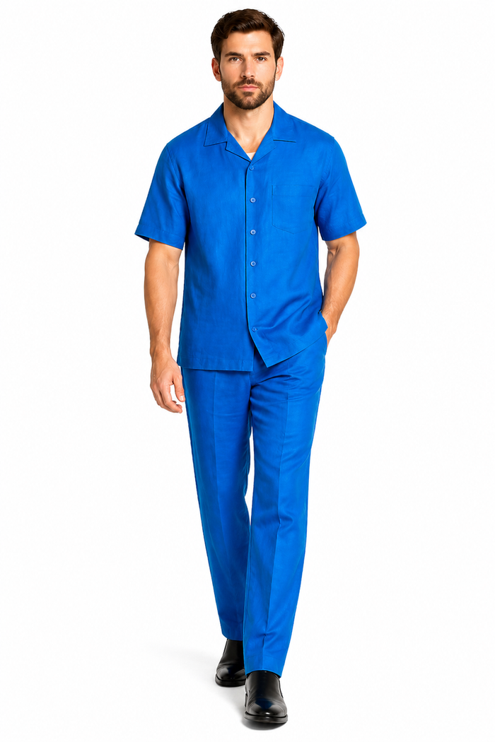 Men's Short Sleeve 2 Piece Casual Two Piece Mens Walking Outfit For Sale Pant Sets Set With Long Pants 100% Linen Royal Shirt