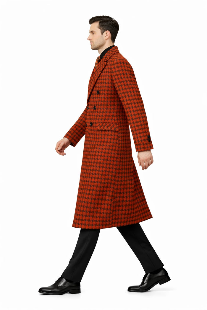 Men's Full Length Top Coat - Wide Fashion Lapel Rust Houndstooth