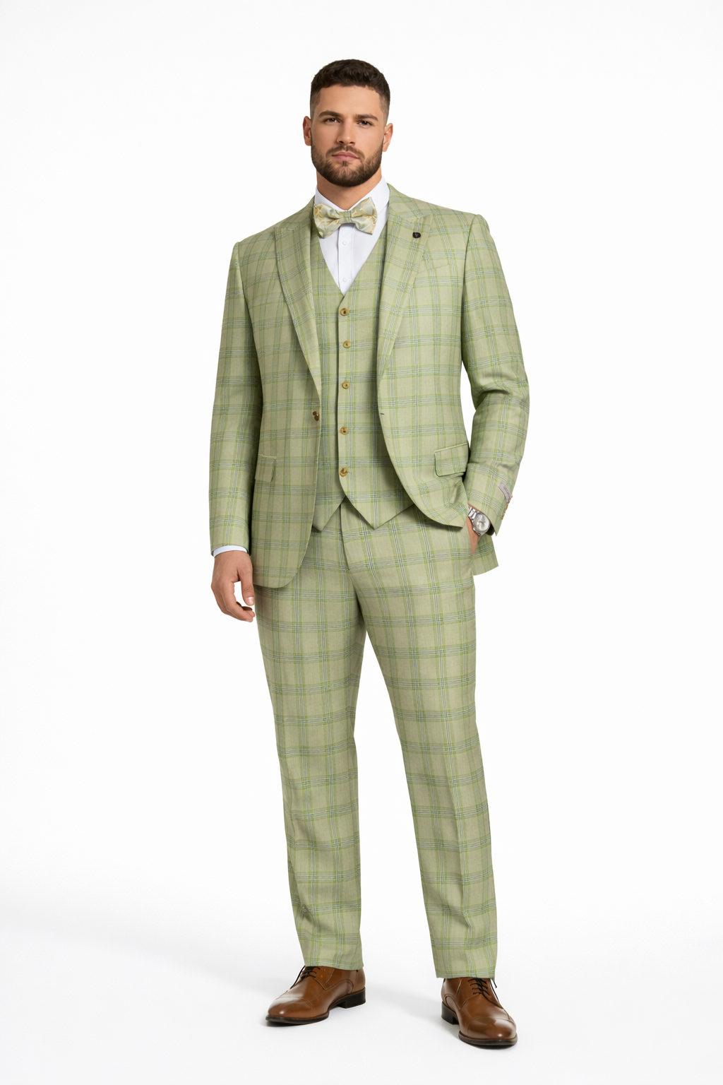 Stacy Adams Plaid Suit with Paisley Vest & Bow Tie