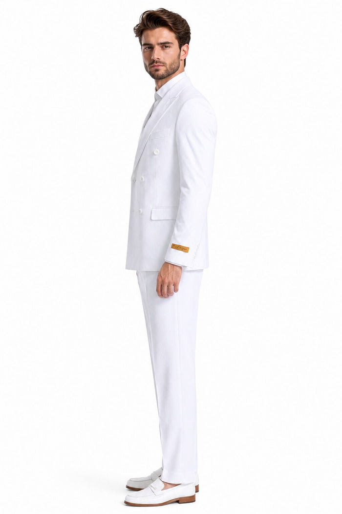 Double Breasted Summer Seersucker Suit, White Pinstripe