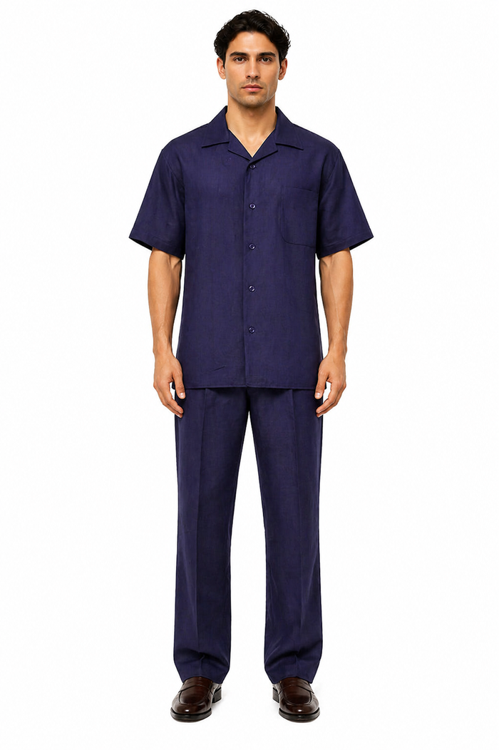 Men's Linen Short Sleeve Walking Suit - Navy