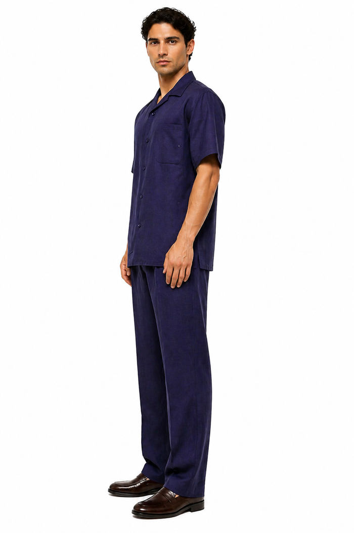 Men's Linen Short Sleeve Walking Suit - Navy