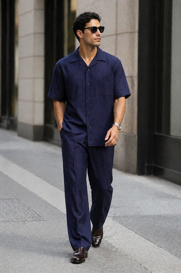 Men's Linen Short Sleeve Walking Suit - Navy