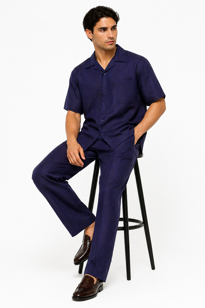 Men's Linen Short Sleeve Walking Suit - Navy