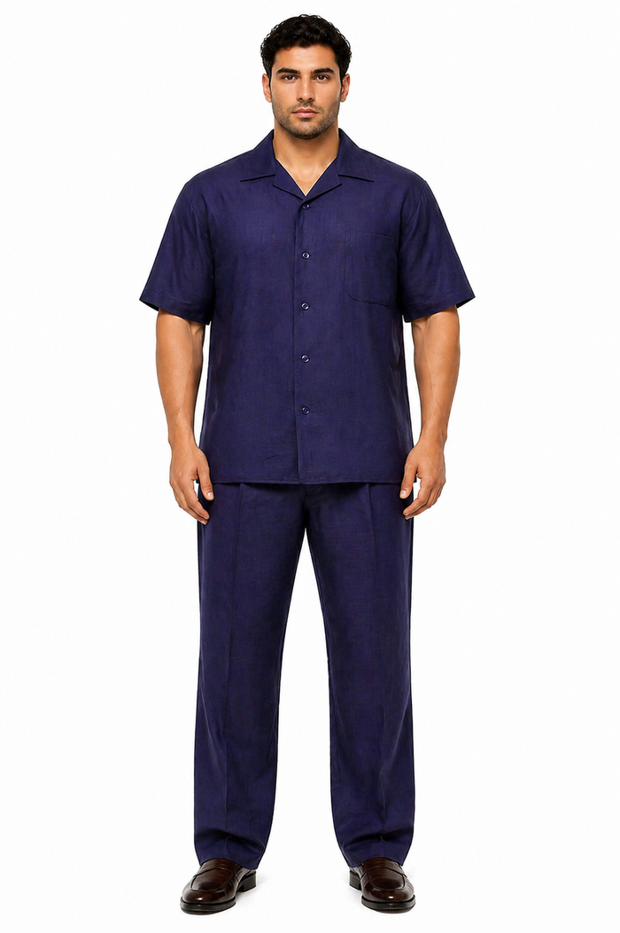 Men's Linen Short Sleeve Walking Suit - Navy
