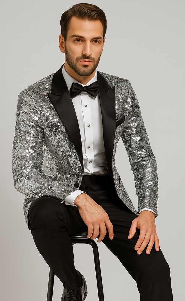 Silver Sequin Tuxedo Jacket with Satin Lapel