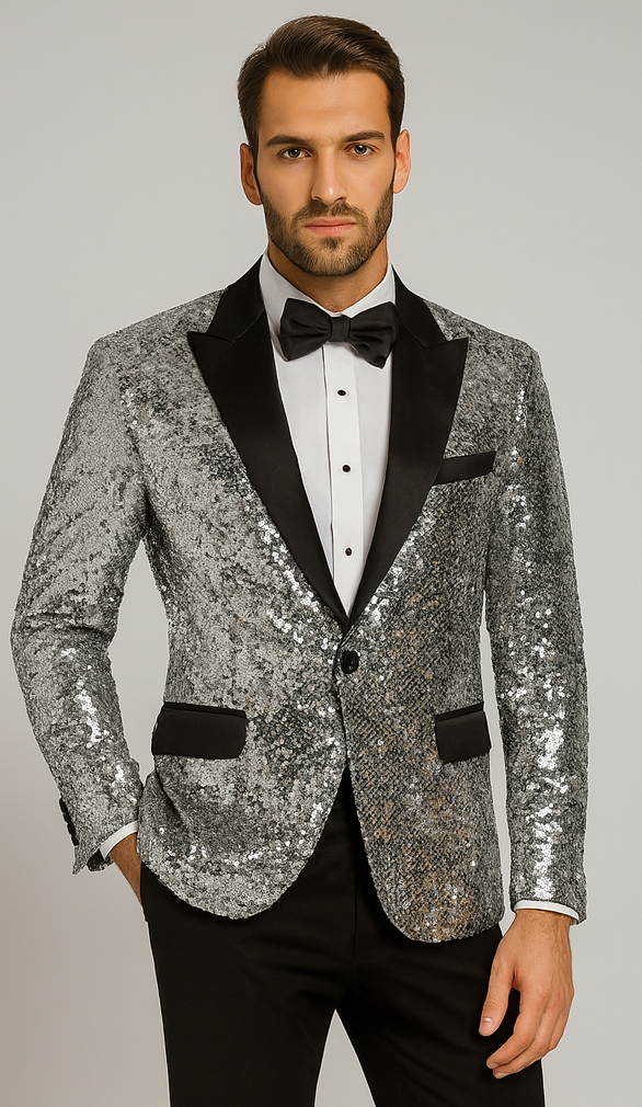 Silver Sequin Tuxedo Jacket with Satin Lapel