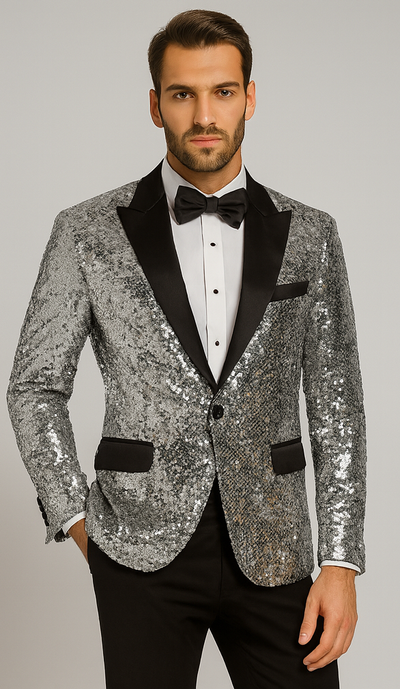 Silver Sequin Tuxedo Jacket with Satin Lapel