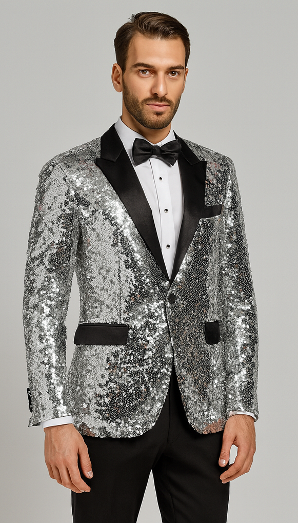 Silver Sequin Tuxedo Jacket with Satin Lapel