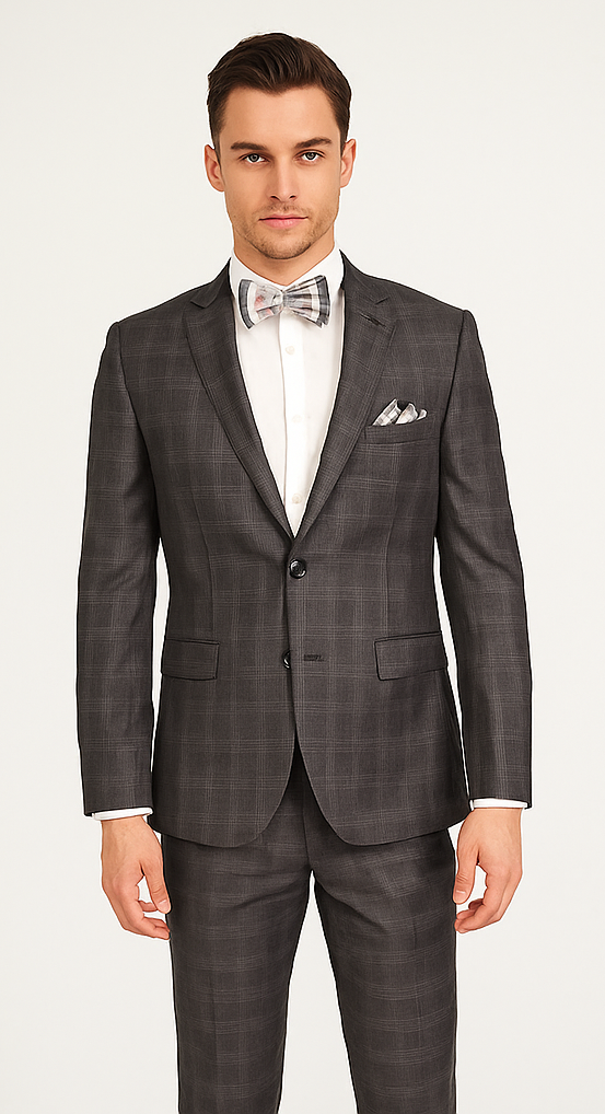 Men’s Slim Fit Charcoal Plaid Suit by Rossiman Rossi | 1-Button Jacket & Tapered Pants – Italian Tailored 3-Piece Luxury Suit