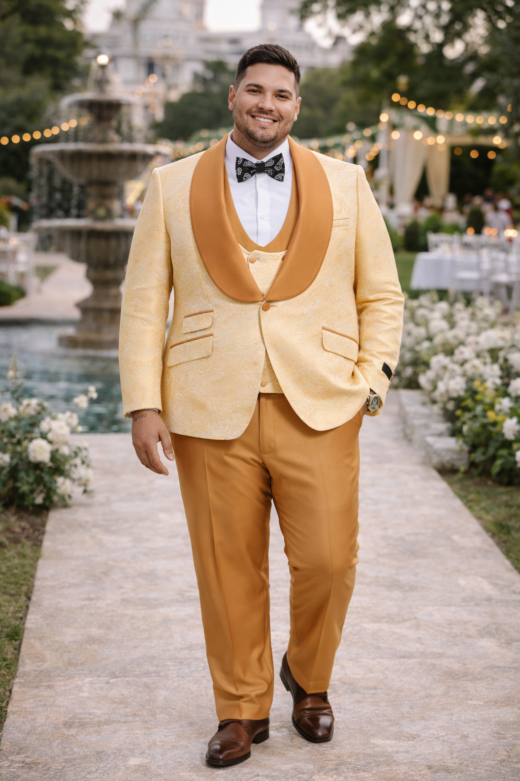 Mens Slim Fit Vested Wedding Prom Shawl Lapel Paisley Tuxedo in Gold