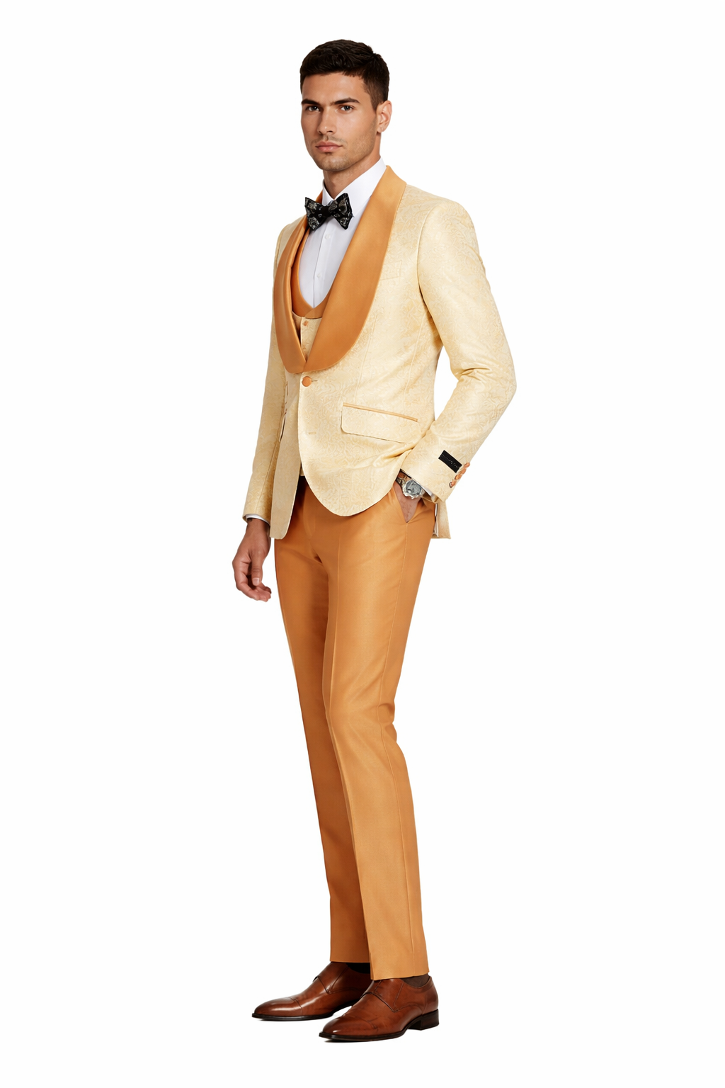 Mens Slim Fit Vested Wedding Prom Shawl Lapel Paisley Tuxedo in Gold