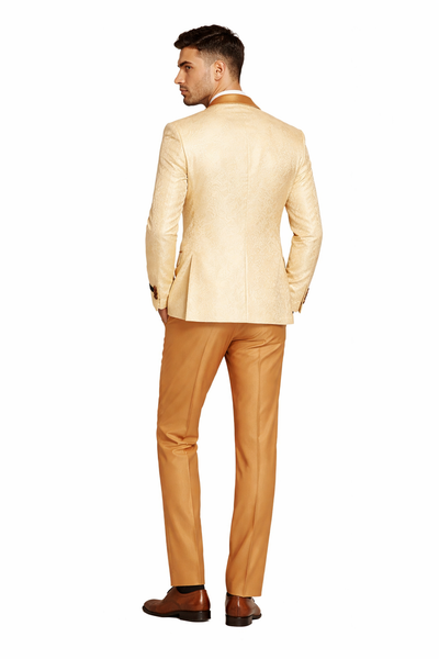 Mens Slim Fit Vested Wedding Prom Shawl Lapel Paisley Tuxedo in Gold