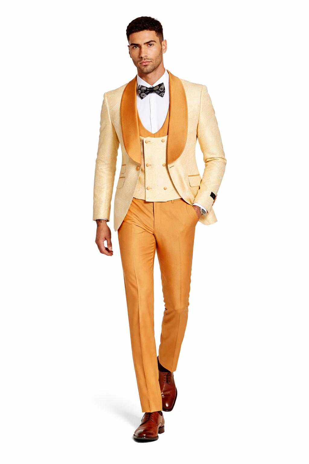 Mens Slim Fit Vested Wedding Prom Shawl Lapel Paisley Tuxedo in Gold