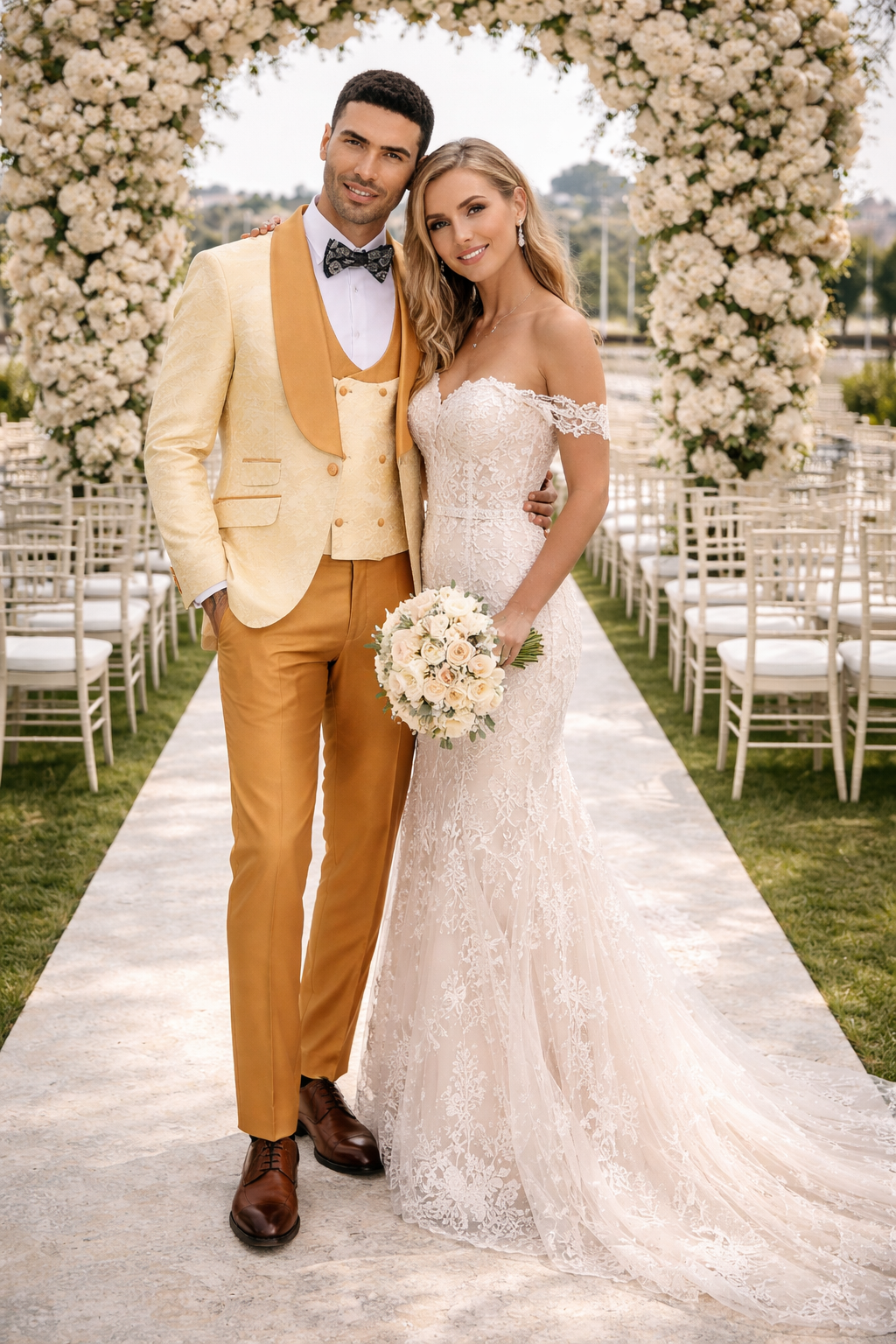 Mens Slim Fit Vested Wedding Prom Shawl Lapel Paisley Tuxedo in Gold