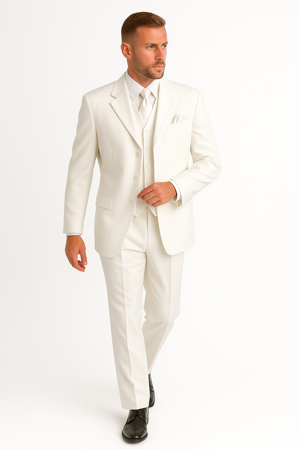 Men's 2 or 3 buttons 3 Piece Snow White Three Piece Vested Suit Pleated Pants Side Vent