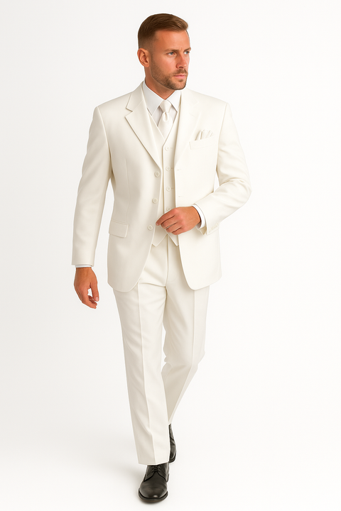 Men's 2 or 3 buttons 3 Piece Snow White Three Piece Vested Suit Pleated Pants Side Vent