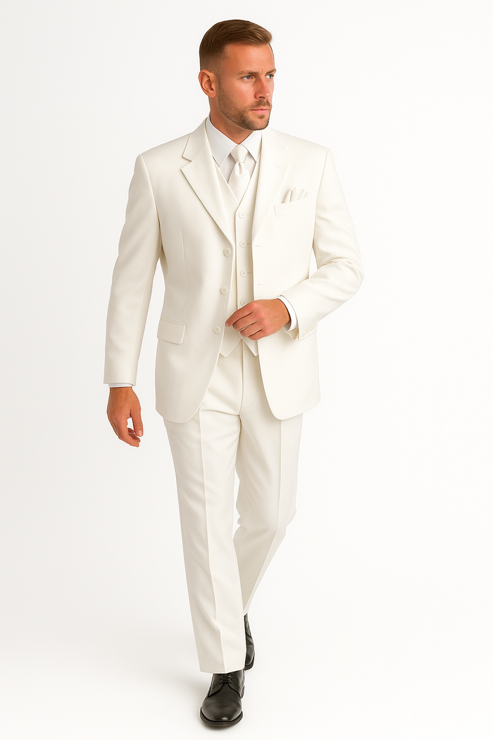 Men's 2 or 3 buttons 3 Piece Snow White Three Piece Vested Suit Pleated Pants Side Vent