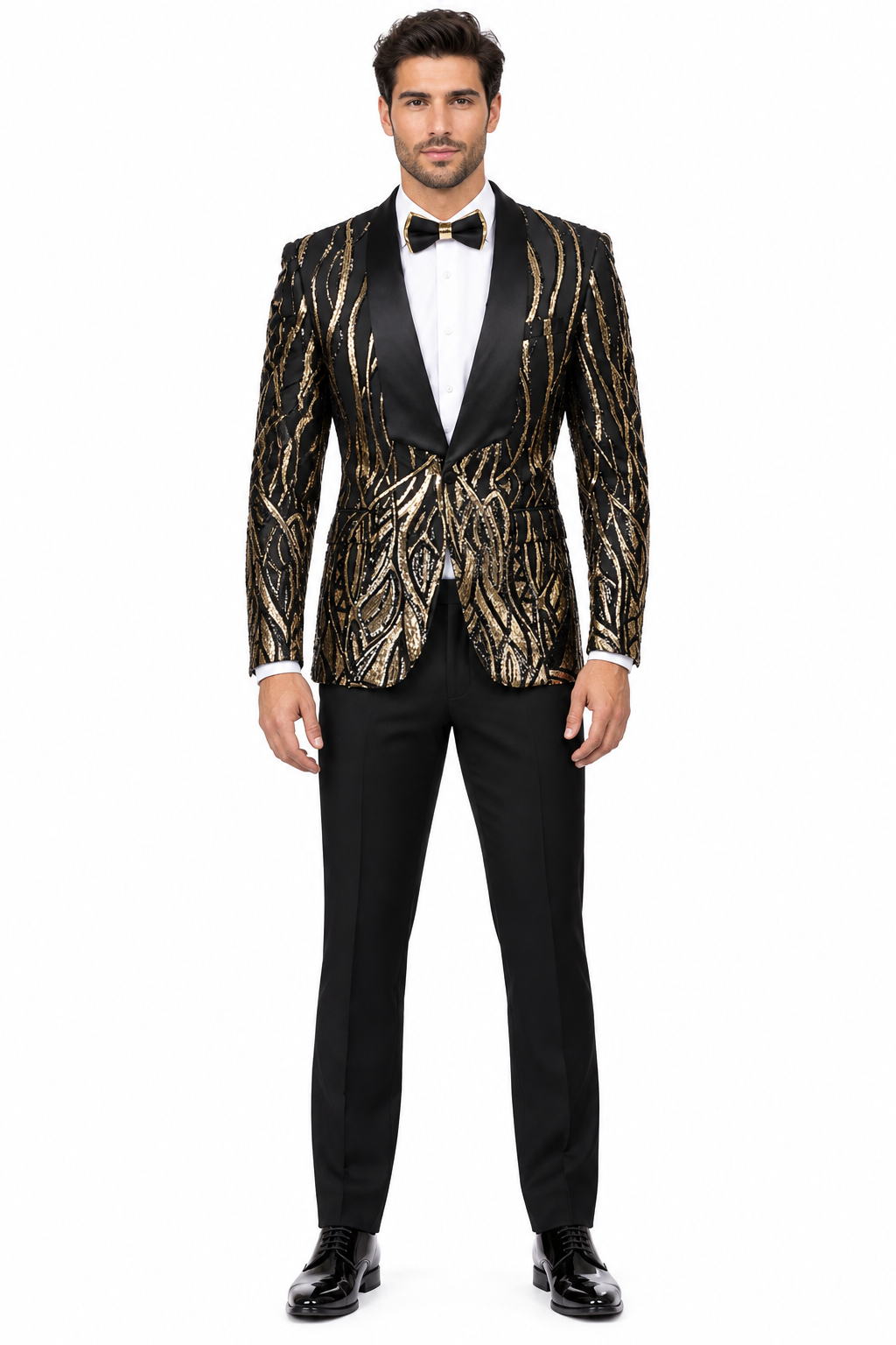 Black & Gold Sequin Shawl Lapel Tuxedo Jacket