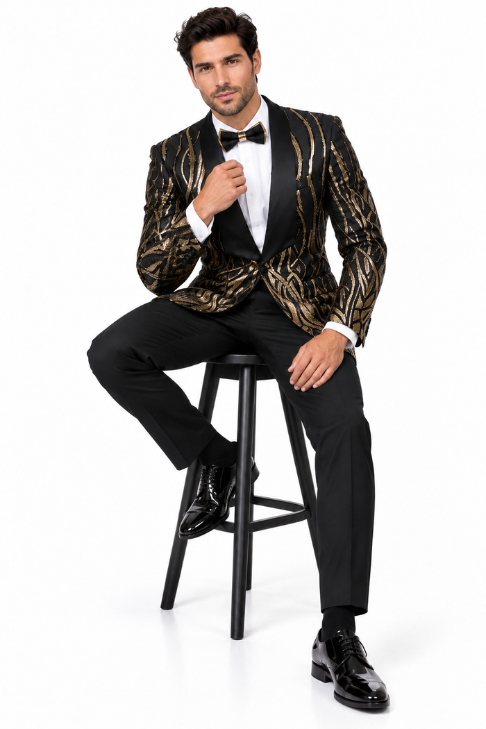 Black & Gold Sequin Shawl Lapel Tuxedo Jacket