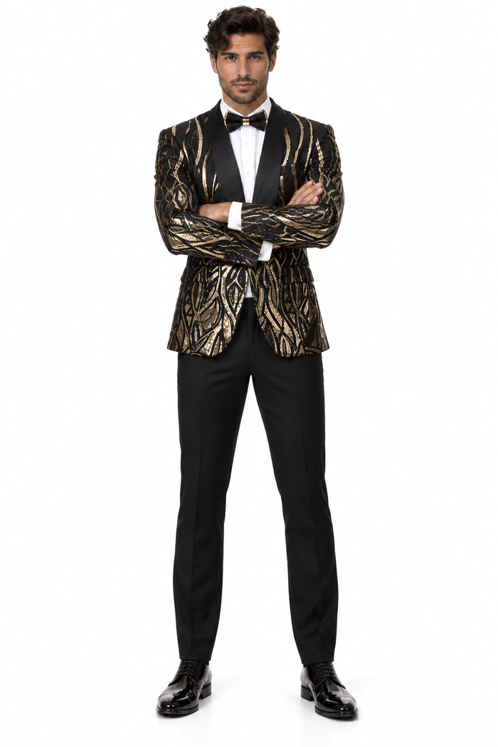 Black & Gold Sequin Shawl Lapel Tuxedo Jacket