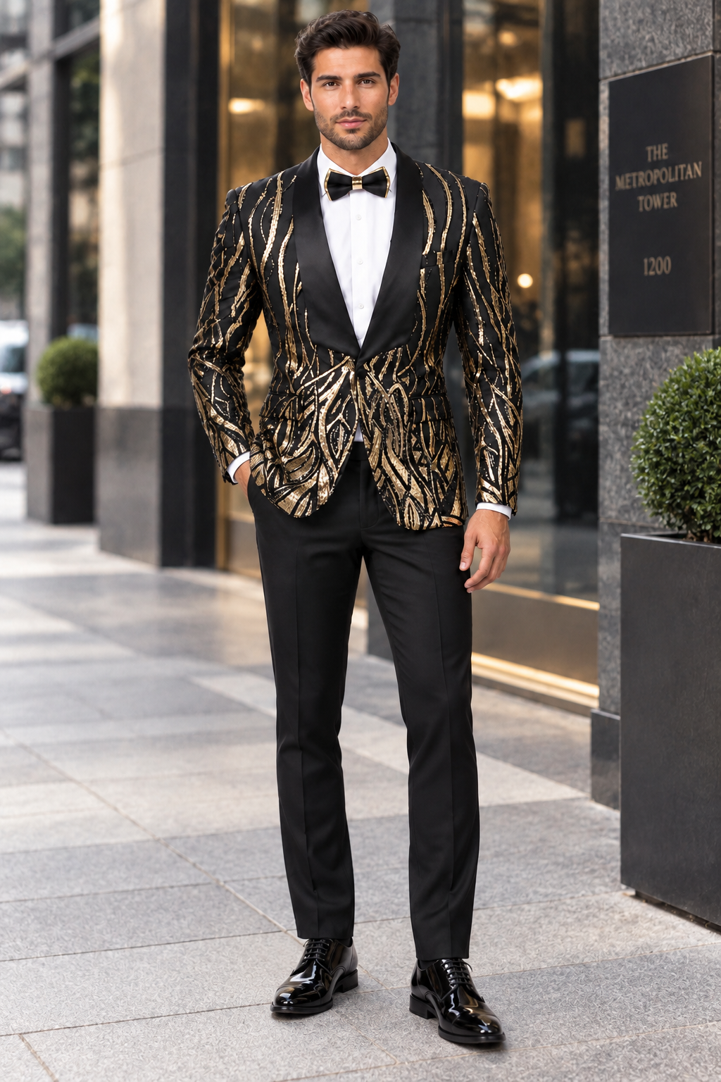 Black & Gold Sequin Shawl Lapel Tuxedo Jacket