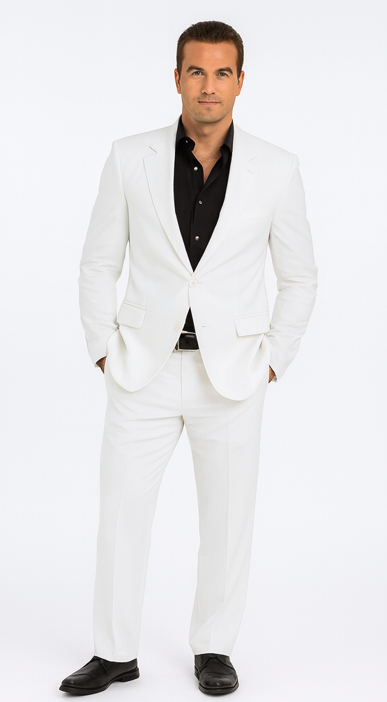 Men's Suit 2-Button White Suits For Men + Black Shirt