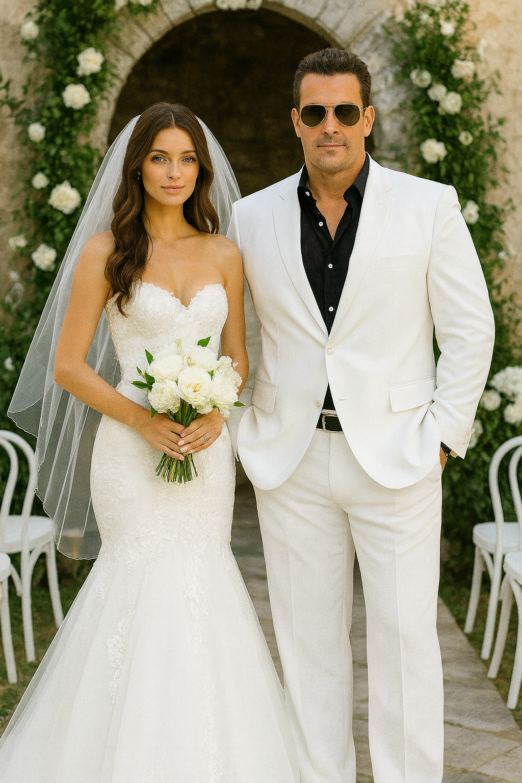 Men's Suit 2-Button White Suits For Men + Black Shirt