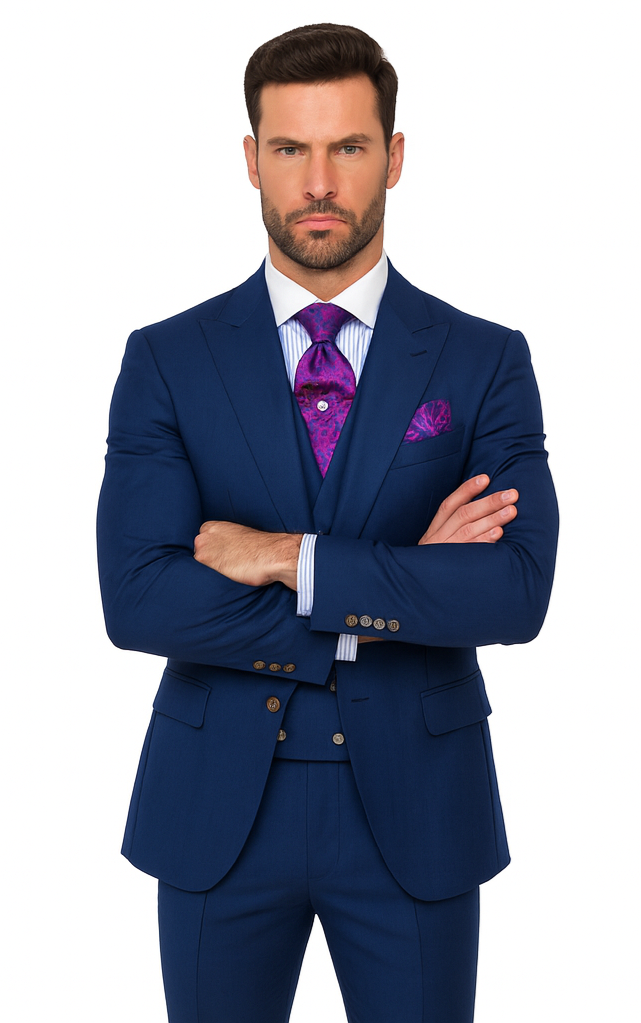 Mens Suits With Double Breasted Vest - Single Button Peak Lapel Royal Blue Suits