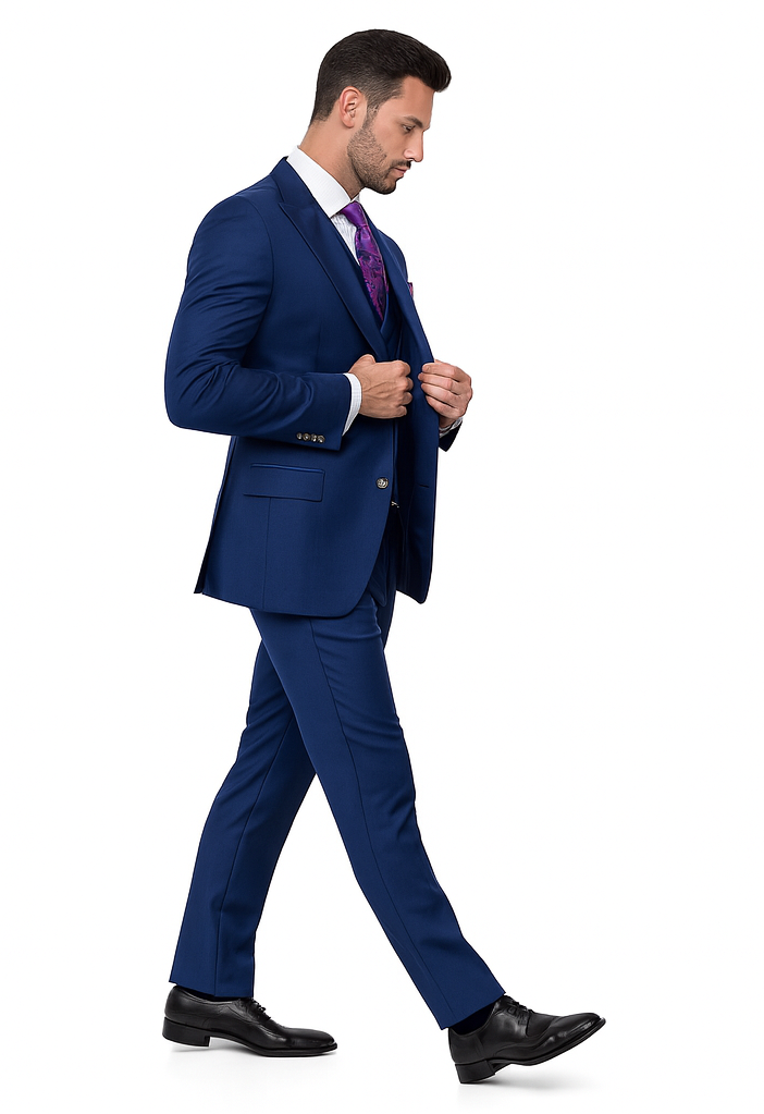 Mens Suits With Double Breasted Vest - Single Button Peak Lapel Royal Blue Suits