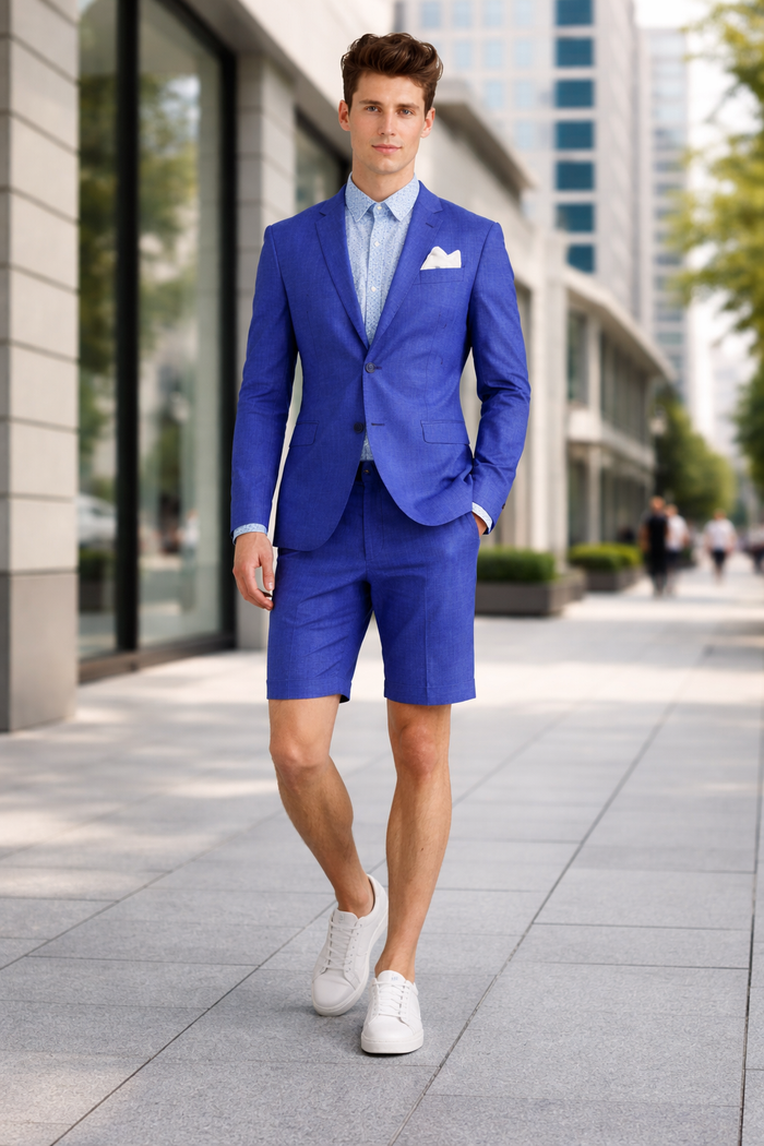 Men's summer business suits with shorts pants set (sport coat Looking) Indigo ~ Bright Blue