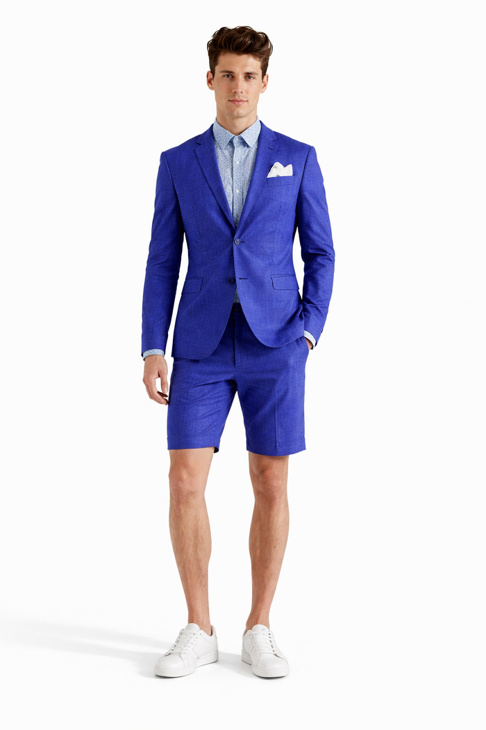 Men's summer business suits with shorts pants set (sport coat Looking) Indigo ~ Bright Blue