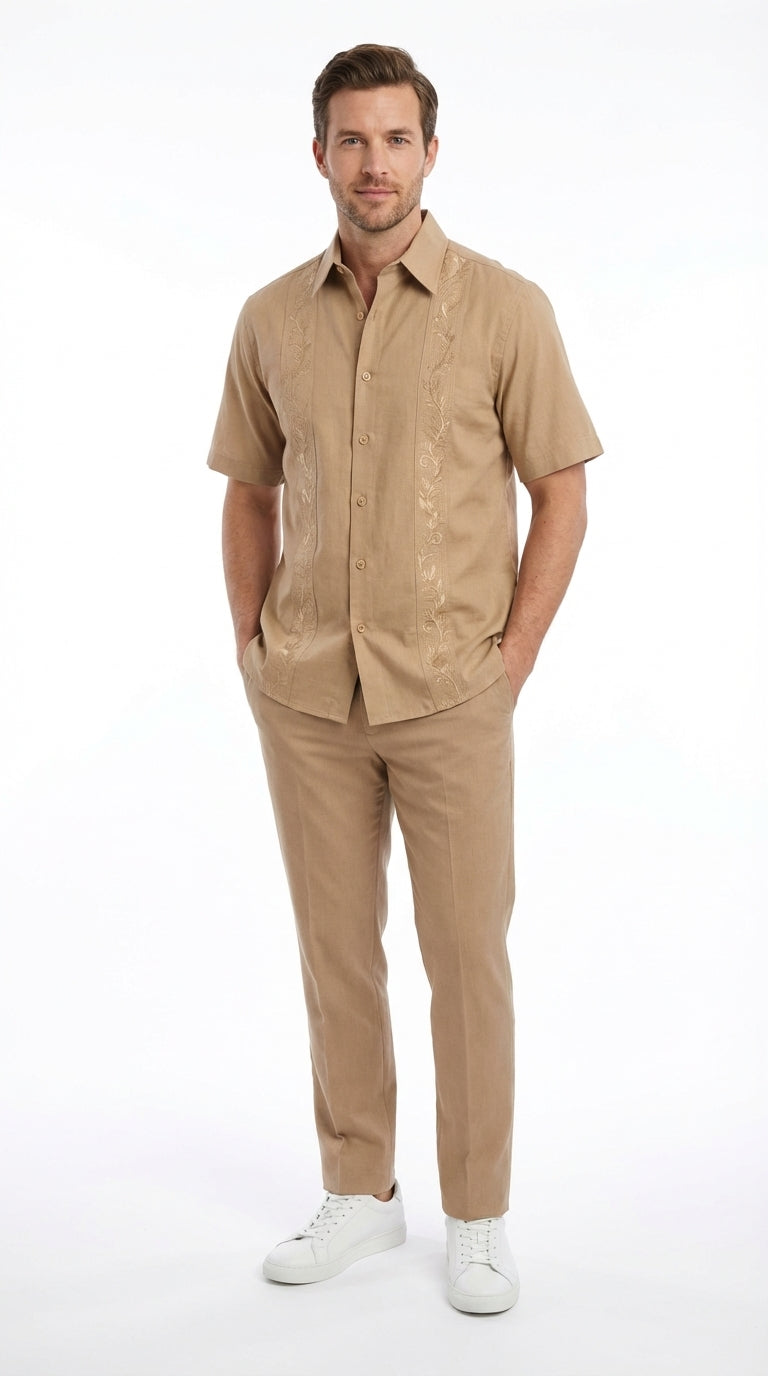 short sleeve dress shirt with dress pants Mens Tan Embroidered Walking Suit Set – and Casual Summer Outfit for Vacation, Beach in khaki Beige Color Beige / XL Ivory:Ivory kjól way stretch Red Striped Clown Adult